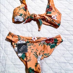 ZAFUL Floral Tie Front Bikini Set- Bright Yellow